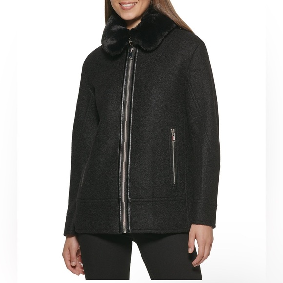 Kenneth Cole Women's Full Zip Fur Collar Boucle Wool Coat Sz Large MSRP $340 NWT - Picture 1 of 7